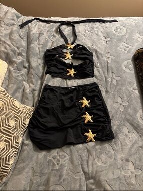 Fashion Nova Black Mini Skirt with Gold Starfish Accents
